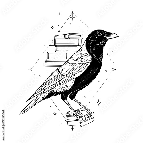 A detailed monochrome illustration of a raven perched on books with celestial elements around it