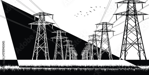 Electric power transmission towers, high voltage lines landscape, industrial energy infrastructure, black and white cad drawing flat vector illustration