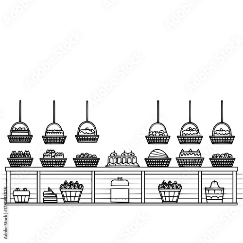 Illustration of a bakery shelf with various breads and pastries in baskets hanging above it displayed