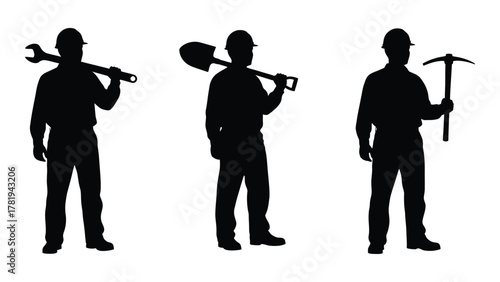 Worker silhouettes with various tools isolated on white background, Vector
