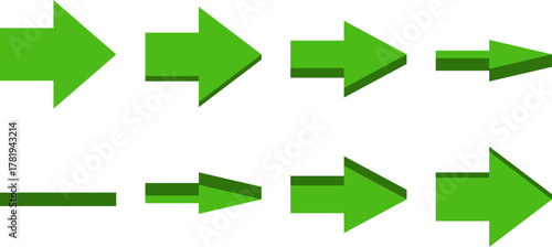 3D Style Sprite Sheet Set of Green Arrow Facing to the Right as Next Step Next Page Forward Continue Button Sign Icon Symbol for 2D Game or App Animation. Vector Image.