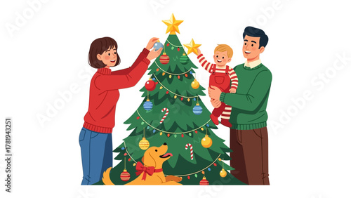 Christmas Cheer: A family gathers together to decorate their christmas tree, creating a scene of warmth, joy, and togetherness. A golden retriever dog is waiting for celebration.
