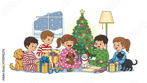 Christmas Morning Joy: Young children, filled with glee, unwrap presents around a festive Christmas tree, accompanied by their adorable pets.