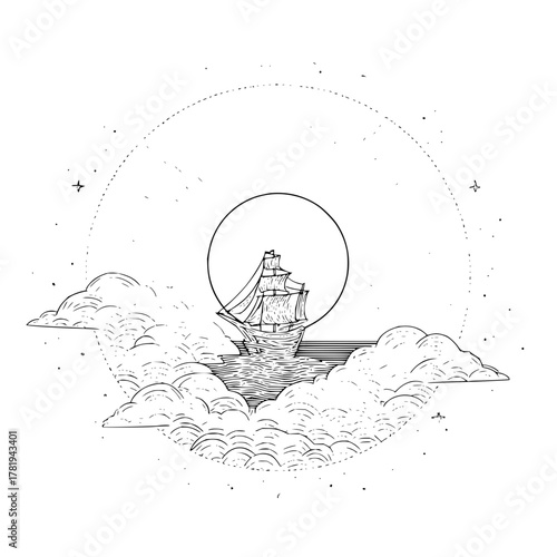 Illustration of a sailing ship on water surrounded by clouds with a full moon and stars above it all