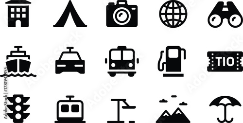 Travel and Transportation Icons Including Buildings and Nature Elements tent camera