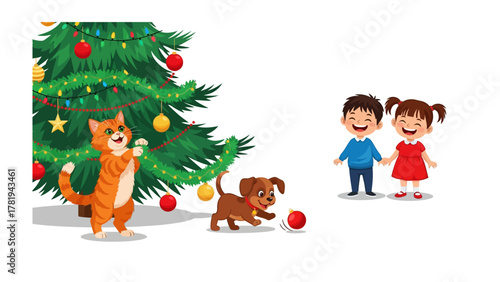 Holiday Fun: A festive scene where a cat plays with ornaments on a Christmas tree, a playful dog chases a ball, and a young couple laughs and holds hands.