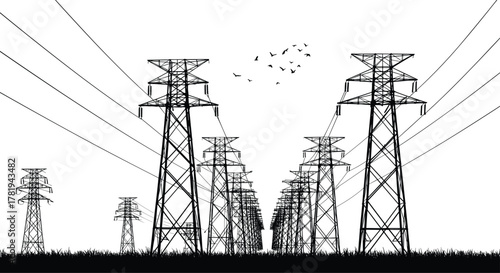 Electric power transmission towers, high voltage pylons, energy infrastructure landscape, industrial electricity line network, CAD drawing flat vector illustration, silhouette art