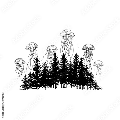 Silhouette of pine trees with jellyfish floating above them in a surreal black and white landscape