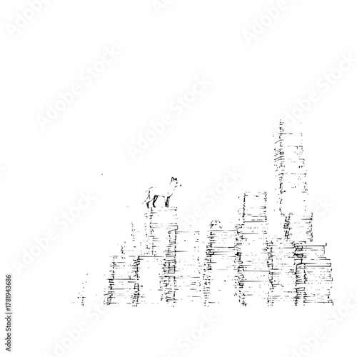 A sketch of a wolf standing on a structure resembling stacked blocks in a minimalist black and white drawing