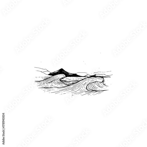 Illustration depicting waves crashing against a shore with mountains in the background landscape view