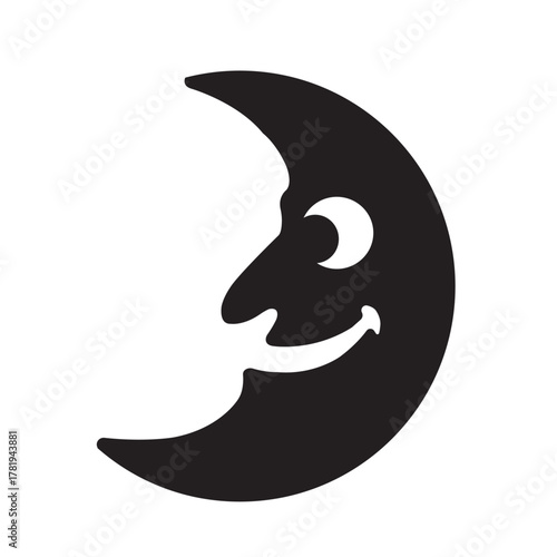 A black silhouette of a crescent moon with a smiling face, representing mystery and nighttime charm. This minimalist moon design adds a whimsical and slightly spooky touch, making it perfect for Hallo