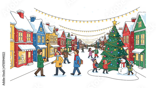 Festive Winter Street: A charming winter scene unfolds on a snow-covered street, adorned with festive decorations. People stroll past colorful buildings, enjoying the cheerful ambiance of the season.