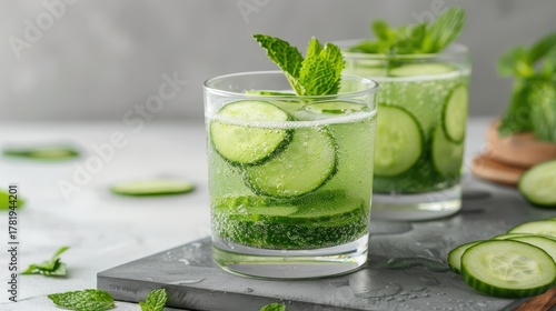 A refreshing cucumber and mint mocktail with a vibrant green hue.