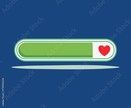 Illustration of a simple green health bar or life indicator with a red heart icon at the end, game user interface element design