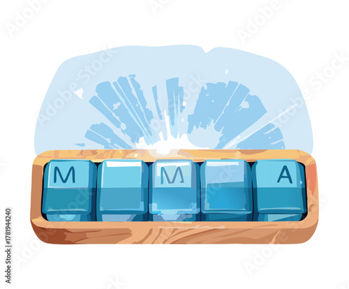 Illustration of a glowing magical blue power-up display with letter blocks an icy frosted frame, game reward element