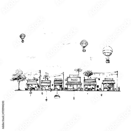Black and white sketch of a street with shops and hot air balloons in the sky above the buildings
