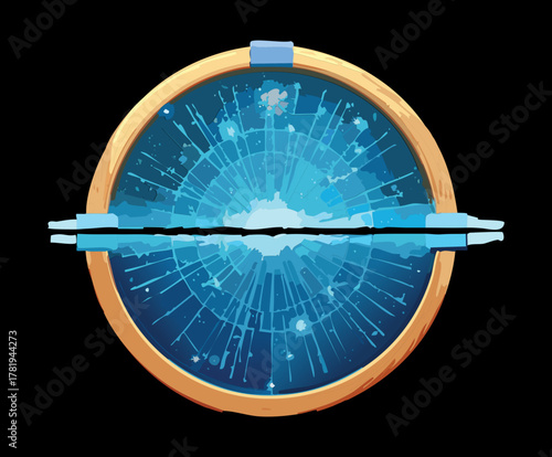 Illustration of a futuristic bright blue spherical energy force field indicator with dynamic center line and pulsing light effect