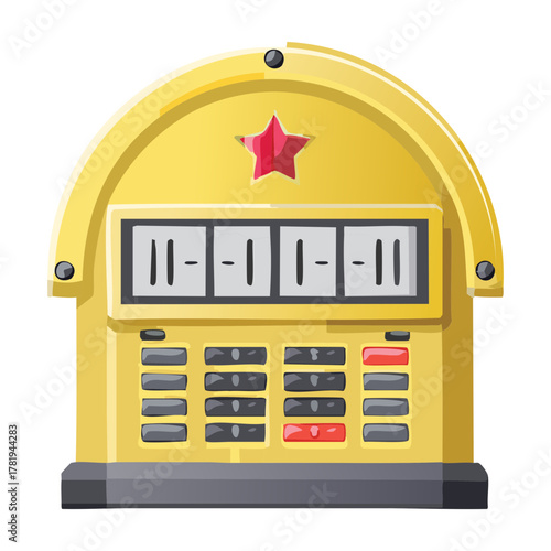 Illustration of an old retro yellow slot machine display panel showing time or score numbers, vintage casino or game interface design