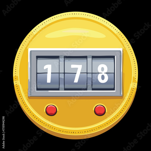 Illustration of a retro golden mechanical flip counter or scoreboard with numbers displayed, user interface or gambling game element