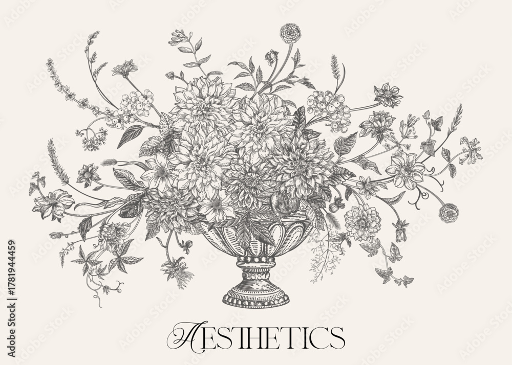 Obraz premium Elegant black-and-white botanical illustration of a lush floral bouquet in a classical urn. Detailed vintage-style drawing with delicate flowers and foliage. Aesthetic designs.