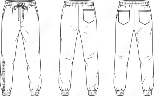 Jogger pants design front and back view, casual trousers with pockets and drawstring waistband, CAD drawing flat vector illustration, technical fashion sketch