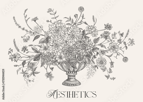 Elegant black-and-white botanical illustration of a lush floral bouquet in a classical urn. Detailed vintage-style drawing with delicate flowers and foliage. Aesthetic designs.