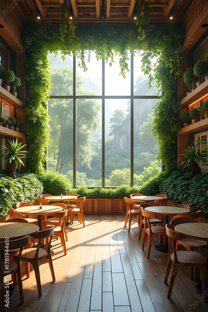 Fototapeta premium AI Generative. High-End Biophilic Restaurant or Café Interior with Floor-to-Ceiling Windows and Lush Greenery. 3