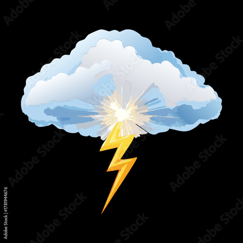 Dark Storm Cloud with a Central Lightning Bolt Strike on a Black Background Representing Intense Power and Bad Weather