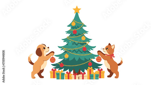 Joyful Holiday Scene: Two adorable pets, a dog and a cat, collaborate to decorate a festive Christmas tree, surrounded by wrapped gifts, embodying the spirit of the season.