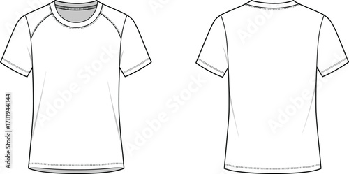 Raglan sleeve t-shirt design, short sleeve tee template, unisex casual fashion, modern apparel outline, CAD drawing flat vector illustration, clothing sketch