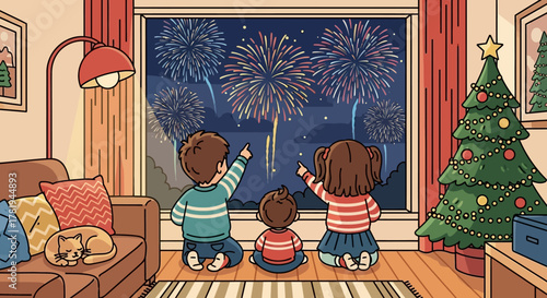 Cartoon woman in warrior pose on yoga mat in bright room.