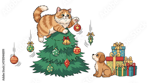 Festive Friends: A charming illustration depicts a cat adorning a Christmas tree, while a puppy eagerly watches, surrounded by beautifully wrapped gifts.