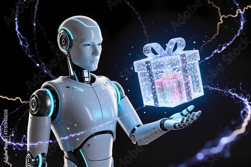A humanoid robot holds a sparkling gift box surrounded by colorful, electrifying energy. The scene blends technology and creativity, highlighting innovation.