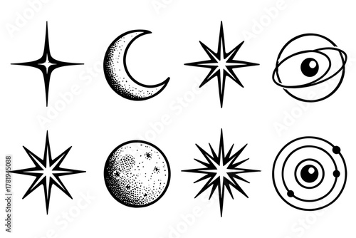 Celestial symbols: stars, moon, and planets in retro tattoo style