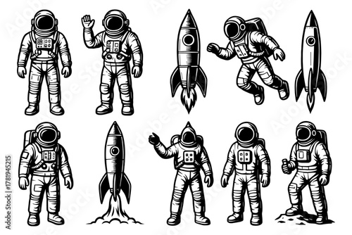 Retro astronauts and rockets: black and white design collection