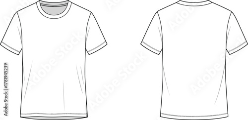 Classic t-shirt design, short sleeve tee template, casual wear fashion, basic apparel outline, CAD drawing flat vector illustration, clothing sketch