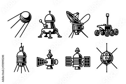 Spacecraft icons set in minimalist monochrome style featuring satellites, probes, and rovers for modern design projects