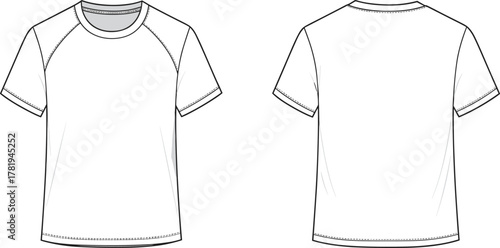 T-shirt fashion design, short sleeve tee template, casual apparel style, unisex clothing outline, CAD drawing flat vector illustration, garment sketch