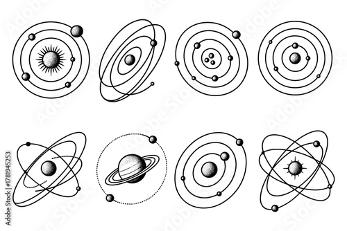 Hand-drawn atom and solar system orbits collection with vintage style
