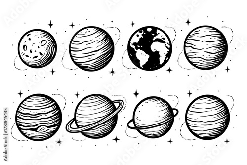 Engraved celestial planets with earth in vintage style