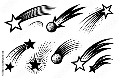 Dynamic shooting stars collection in vintage monochrome style for celestial designs