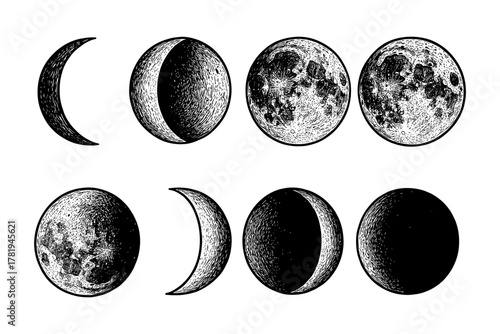 Hand-drawn moon phases with detailed texture and vintage style