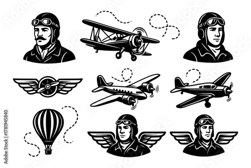 Retro aviation icons featuring pilots, airplanes, and hot air balloon in vintage style