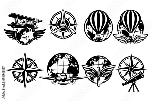 Vintage aerospace emblems with airplanes, hot air balloons, and globes