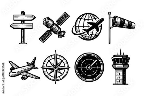 Vintage aviation and navigation icons: compass, airplane, globe, satellite, windsock, control tower