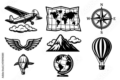 Adventure icons featuring airplane, map, compass, and hot air balloon