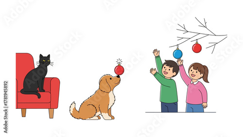 Christmas Cheer: Playful moments of children, pets. A captivating scene of holiday joy, children decorate the tree, as a cat and a dog play with Christmas ornaments.
