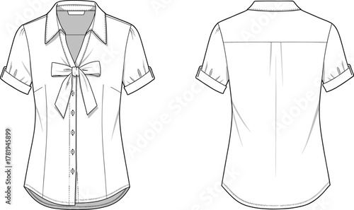 Women short sleeve blouse with front bow tie and button closure, formal office shirt front and back, cad drawing flat vector illustration