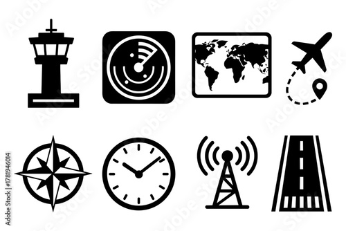 Aviation and navigation icons: silhouette style for travel and communication