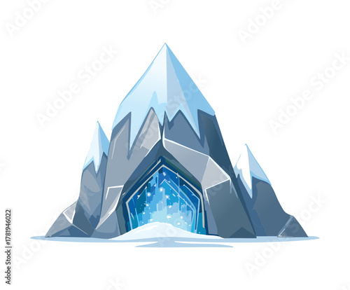 Gray Ice or Crystal Mountain with a Mysterious Glowing Entrance Door Representing a Portal to a Frozen World